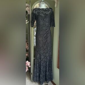 Night Way Collections Charcoal Shimmering Lace Gown